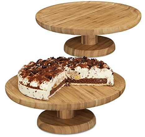 Set 2 Soportes para Tartas, Expositor Pastel Redondo Bambú, Fuente Galletas, Plato Bombones, Fruta, Ø 33 cm, Naural