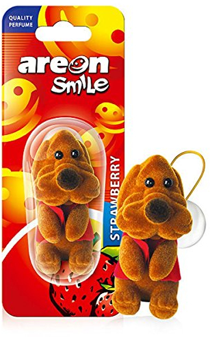 AREON Smile Ambientador Fresa Coche Aire Divertido Mini Decorativo Perro Colgar Colgante Retrovisor Moderno Muñeco Grasioso Marrón Original Perfume 3D Casa Oficina Olor (Strawberry Pack de 1)