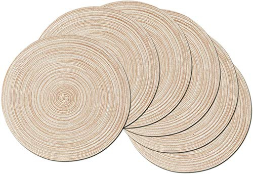 SHACOS 6er Set Platzsets Rund Abwaschbar, Schmutzabweisend, Tischsets Platzsets Rund Beige Geflochten, Hitzebeständig, Runde Platzdeckchen Abwaschbar
