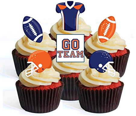 American Football Edible Cupcake Toppers - Blue and Orange Wafer Decorations for Game Day, Football Party, Sports Celebration Cake - PRECUT 2 Inch/5cm (Pack of 12)