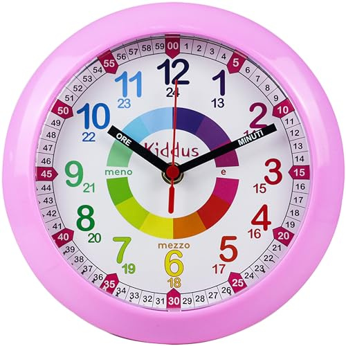 Kiddus Wanduhr Kinder & Lernuhr, 20cm Uhr für Kinderzimmer, Jungen & Mädchen, Lautlos ohne Ticken, Markierte Zeiger (Stunde & Minute), Pädagogisches Design - 02 Rosa IT 20cm