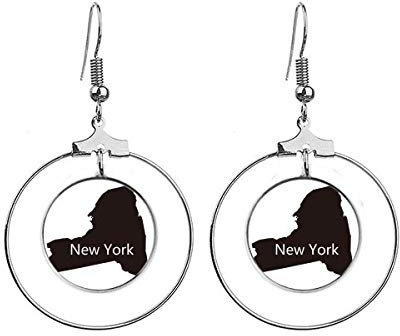 Ohrringe, Motiv: New York, USA-Karte, Silhouette, baumelnder Kreolen-Schmuck, Kreis
