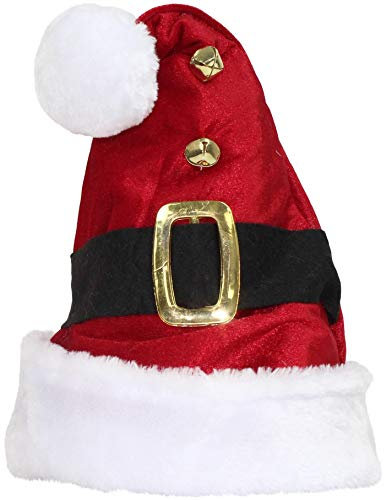 Weihnachtsmütze für Erwachsene, Unisex, roter Samt, weißer Fellbommel, Glöckchen, Elfe