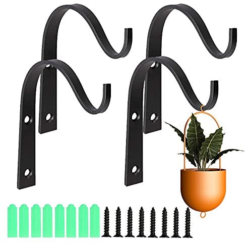 Dogmoon Wrought Iron Wall Hooks, 4Pcs Hanging Basket Brackets for Planter, Lantern, Bird Feeders, Coat, Wind Chimes (Black)
