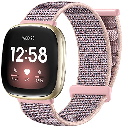 Ouwegaga Armband Kompatibel mit Fitbit Versa 3/Versa 4 Armband/Sense/Sense 2 Armband, Weiche Nylon Verstellbare Geflochtene Ersatzgurte Kompatibel mit Fitbit Versa 3/Sense für Damen Herren, Sand Rosa