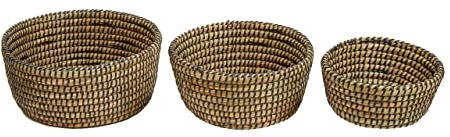 Premier Housewares Set of Three Straw Baskets with Black Detail/Hamper Baskets for Gifts/Sturdy Handwoven Basket/Round Storage Picnic Baskets/Organic Charm Bread Basket W30 x D30 x H13cm.