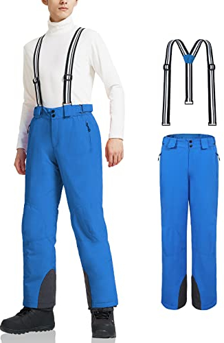 AOLI RAY Herren Skihose Snowboardhose Trägerhose Wasserdicht Gefüttert Winddicht Outdoorhose mit Abnehmbar Träger Klein Blau L