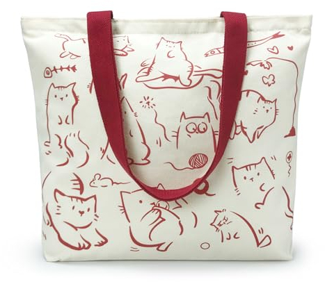 WIERAEM Borsa Shopper Stoffa Donna Tote Bag Tela Aesthetic Borse Canvas Cotone con Cerniera e la Tasche Borse di Tela Shopping Riutilizzabili per la Spesa (Rosso-Gatto)