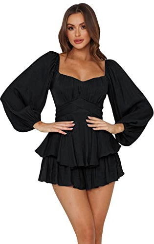 Short Romper for Women, Boho Lantern Long Sleeve Short Jumpsuit Off Shoulder Casual One Piece Ruffle Chiffon Romper Dress Floral Print Sexy Ruffle Playsuit Overall Festival Outfit Black-lomg sleeve L