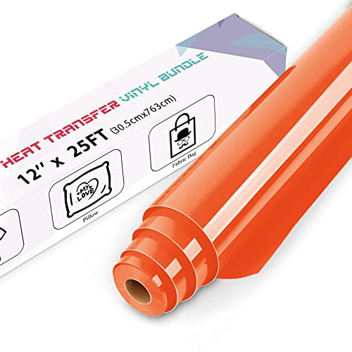 IModeur 25 Ft Orange Heat Transfer Vinyl — 30.5 x 763 cm Iron on Vinyl for Fabric, PET Backing Orange Vinyl for T-Shirts, Clothes, Hats, Bags and Other Textiles, HTV Vinyl Roll Easy to Weed