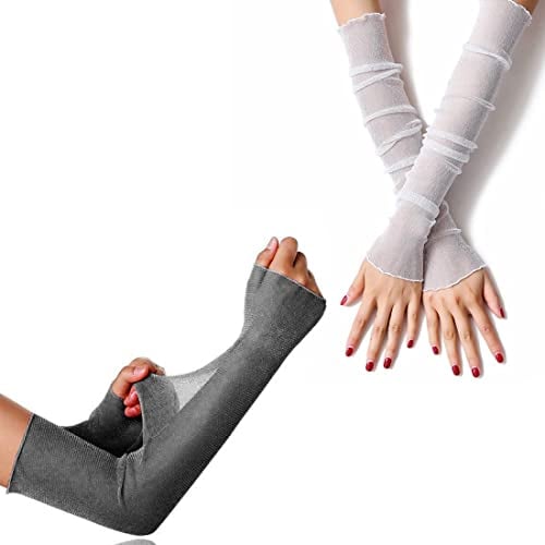 Armstulpen Damen Kühlung Arm Ärmel Lange - 2 Paar Ultradünne Fingerlose Ellbogen Sommerhandschuhe Sonnenschutz UV Schutz Kühles Netz Tül Fingerlose Armstulpen Perfekt Party Outdoor Sportaktivitäten