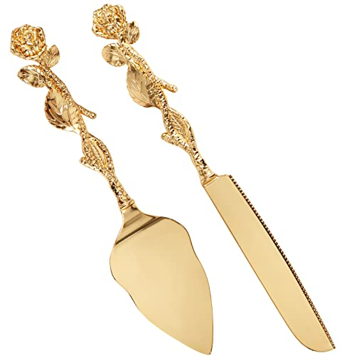 Lot de 2 pelles à tarte avec couteau à tarte, couteau doré, couteau à gâteau de mariage et set de service avec manche en forme de rose, couteau à gâteau élégant et pelle à tarte, en alliage de zinc,