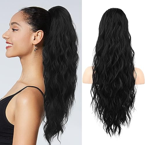 REECHO Pferdeschwanz Haarverlängerung, 66 cm Long Beach Gewellt Zugband Ponytail Extension Synthetischer Pferdeschwanz Haarteil für Frauen – Schwarz
