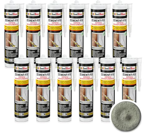 Isolbau Zement-Fix 12 x 300 ml Zementgrau Express Reperaturmörtel - Dichtungsmasse für Fugen & Risse im Innen- & Außenbereich, Kartusche