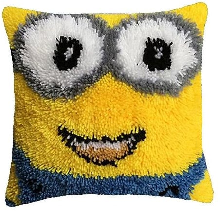 Latch Hook Cushion Kits for Adults, Latch Hook Pillow Case Kits Embroidery Kits 17X17Inch, DIY Needlework Pillow Cover Sofa Cushion Rug Making Kits, DIY Craft Kits 43x43 cm - Little Yellow Man