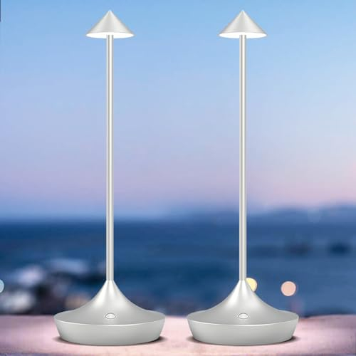 bravzurg LED Akku Tischlampe Kabellos 2er Set, Modern Dimmbar Kabellose Tischleuchte 6000mAh, Aluminium, Wasserdicht, Tischlampen Aufladbar für Outdoor Indoor Restaurant Nachttisch Terrasse (Silber)