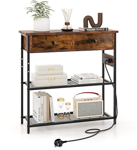 GIANTEX Konsolentisch schmal mit Ladestation, Flurtisch Eingangstisch mit Steckdose & USB- & TypeC-Anschlüssen, Dielentisch industriestil mit 2 Schubladen & 2 Ablagen, Dekotisch Sideboard 81x30x81 cm