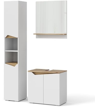 Vicco Badmöbel-Set Marelle, Weiß/Artisan-Eiche, 3 Teile, mit Hochschrank