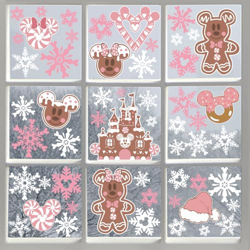 9 Bögen rosa Weihnachts-Fensteraufkleber, Lebkuchen, Weihnachtsdekoration, Lebkuchenmann, Maus, Schloss, Schneeflocke, Weihnachtsdekoration, Frohe Weihnachten, Aufkleber für Büro, Zuhause, Winter