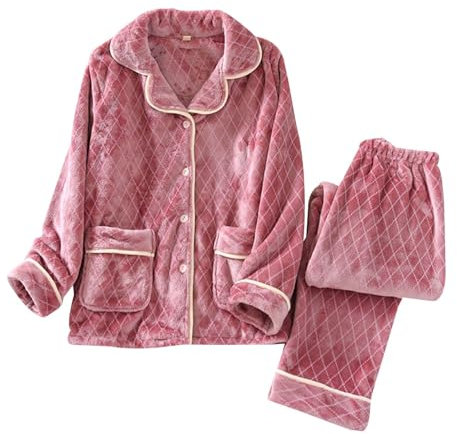 Kobilee Tute in Pile Donna Caldo Cotone Pigiama Flanella Abbigliamento da Casa XXL Pigiama Pile Peloso Due Pezzi Taglie Forti con Bottoni Pigiama Felpato Pigiama Invernale Pesante