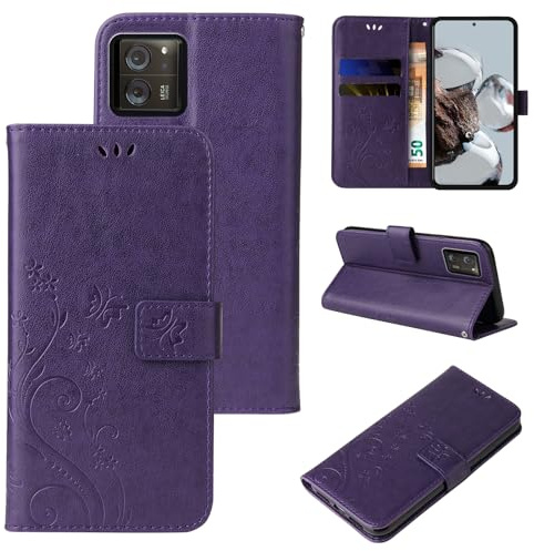 LBH Handy Hülle für Xiaomi 13T / 13T Pro Case Handytasche Schmetterling Blumen Flower Standfunktion Schutzhülle Magnet Rundum Schutz 360 Grad Flipcase Cover Violett