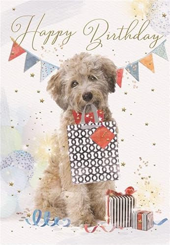 ICG Geburtstagskarte für Männer und Frauen, allgemeine Karte für Jungen/Mädchen, Hund mit Geschenken und Wimpelkette mit Folien-Finish, umweltfreundlich