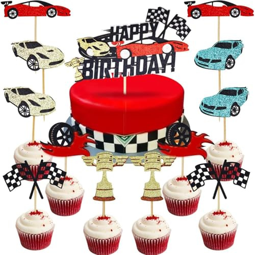Huaxintoys Lot de 13 décorations de gâteau d'anniversaire en forme de voiture de course avec drapeau à carreaux (B2)