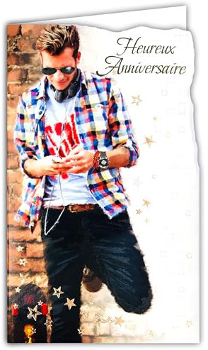 Afie 15-6508 Carte Porte-Billet avec Enveloppe Heureux Anniversaire pour Jeune Homme Contemporain à la Mode Lunettes de Soleil Musique Smartphone Montre connectée Skateboard - Fabriqué en Europe