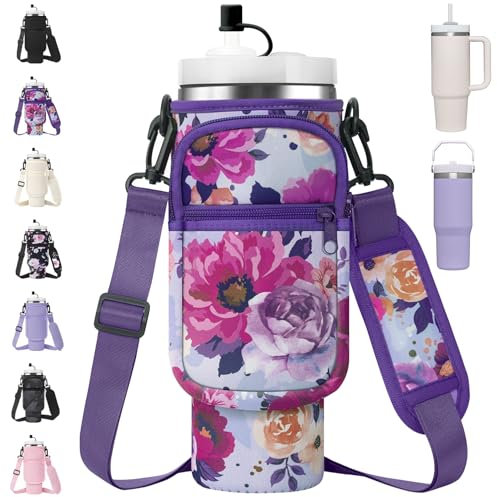 AceTreker 40/30 oz Stanley Tumbler Sleeve Sling with Phone Pocket, Neoprene Carrier Holder for Travel Cup with Handle, Metal Coffee Mug Bag with Straw Cover for Walking Driving Work-Purple Rose