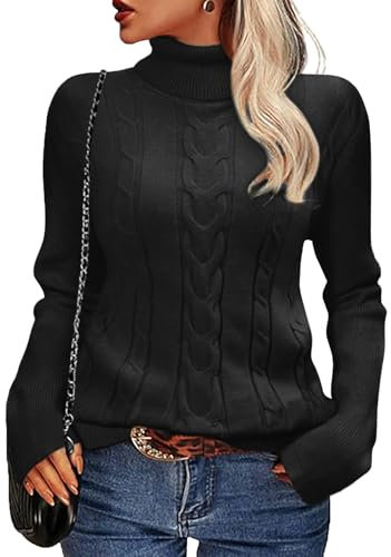 Xnova Winter Jumpers for Women Turtleneck Cable Knit Sweaters Ladies Long Sleeve Tops Warm Chunky Jumper Roll Neck Slim Fit Pullover Knitwear, Black, XL