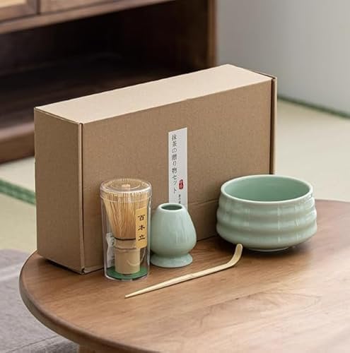 Hanakawaii Matcha Tee Set - 4-teilig | Keramik Matcha Schale, Bambusbesen, Besenhalter, Bambuslöffel | Traditionelle Teezeremonie | Weiß-Rosa, Blau, Schwarz, Grün (Grün)