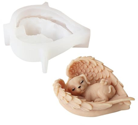 Xidmold Schlafender Hund Silikonform Gießform, Hund in Engelsflügel Silikonform für Fondant, Sojawachs Kerzen, Seife, Gips, Epoxidharz, Beton, Handwerk (Hund)