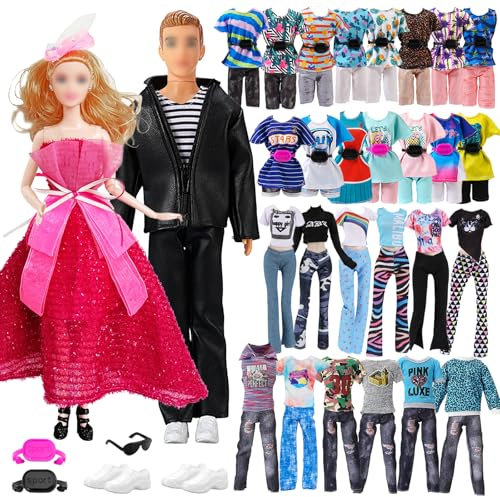 22 Puppen Kleidung und Zubehör für 11,5/12 Zoll Puppen, kompatibel mit Ken 3 Lederanzügen 2 Gürteltaschen 2 Schuhen 1 Brille 6 Oberteilen 4 Hosen 1 Rock 1 modischem Kleid 1 Kopfschmuck zufälliger Stil
