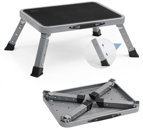 LIEKUMM 3-stufige Klappbarer Tritthocker, 150 kg Tragkraft Höhenverstellbar Tritthocker, Leichte Trittstufe aus Stahl für Küche und Haushalt, mit Rutschfester Plattform und Gummifüßen, Grau