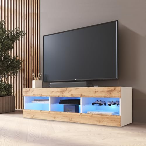 Komodee TV Schrank Tivoli, Wotan/Weiß, Breite 140cm x Höhe 40,5cm x Tiefe 35,5cm, LED Blau, für Wohnzimmer, Schlafzimmer