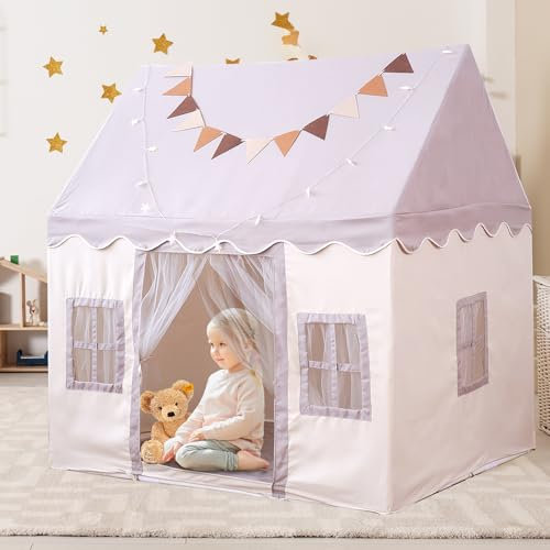 Sinbide Kinderzelt Kinderzelt Spielhaus mit Matten, Wimpel und Lichterkette Neutral Kinderspielzelt für Jungen und Mädchen Grau