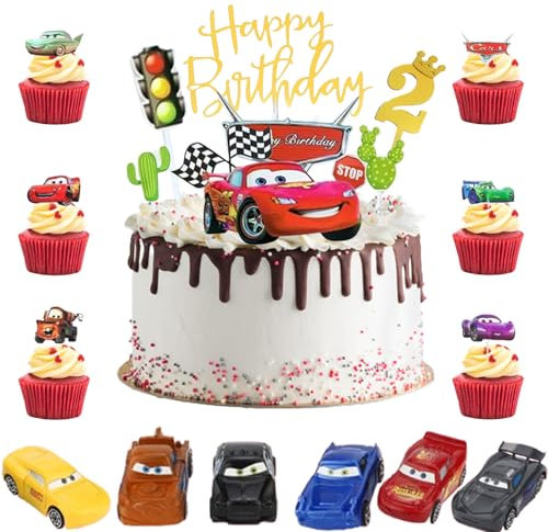 Cars Küchendeko, Cars Tortendeko Geburtstag Junge, 6PCS Modellauto + 21PCS Cake Topper, Cars Happy Birthday Tortendeko Kinder, Kinder 2 Jahre Geburtstag Auto Dekoration Set