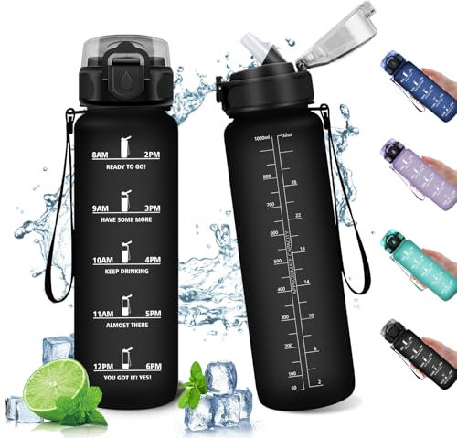 Gourde Sport 1L, Bouteille Reutilisable, Gourde Enfant avec Marqueur de Temps, Bouteille avec Paille, Bouteille d'eau Étanche, Gourde pour Gym, Bureau, l'école, Fitness, Randonnée, Yoga, Camping