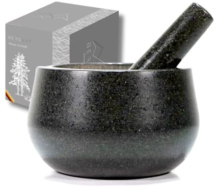 BERGART Mörser mit Stößel aus Granit (Ø 13 cm) – Granitmörser mit rauer Innenseite & tiefer Schale – Gewürzmörser klein & rutschfest – ideal für Kräuter, Gewürze & Pesto