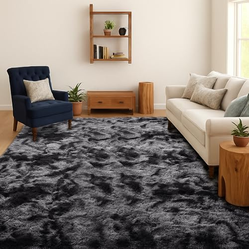 SOANNY Teppich Wohnzimmer, Waschbar Anti-Rutsch, 90x150 cm, Dunkelgrau | Hochflor, Langflor, Flauschig, Weich, Tie-Dye, Pflegeleicht, Für Wohnzimmer Schlafzimmer Kinderzimmer Büro Bettumrandung