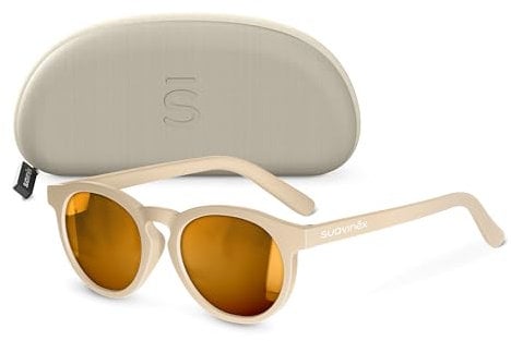Suavinex, Occhiali da sole per neonati da 0 a 12 mesi, polarizzati, con filtro UV 400, Cat. 3, 100% Protezione dai raggi UVA e UVB, Custodia Inclusa, Flessibili e Leggere, Forma Rotonda, Colore Beige