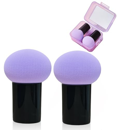 AmiCera Makeup Sponge, Beauty Blender 2 Pack Latex Free Beauty Makeup Powder Puff, Powder Puff Sponge for Liquid, Powders, Creams, Beauty Blender Storage Case with Mirror, Purple