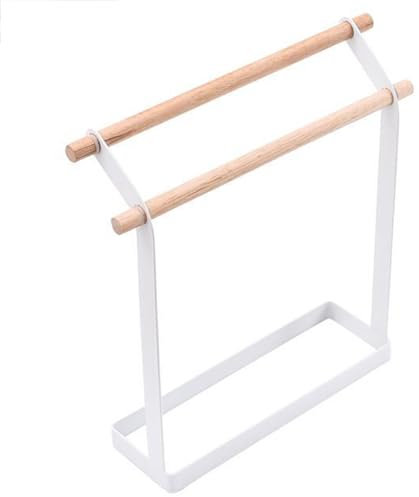 Tavolo Verticale Piano Asciugamani Porta Ferro con Legno Massiccio Bianco 2 Aste Portasciugamani Mobile Senza Installazione Appendi Asciugamani Adatto per Sala da Pranzo Bagno