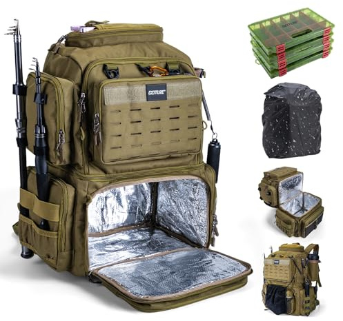 Goture 45 L Sac de pêche dos souple et résistant à l'eau avec Quatre boîtes à appâts, Livré avec deux porte-cannes et une housse de pluie, cadeaux de pêche pour hommes