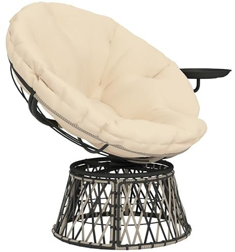 I0I&I0I Rattansessel Rattan 360° drehbar mit Kissen Ø90 cm – Outdoor Drehsessel Loungesessel Liegesessel Korbsessel Rattansessel mit Tisch für Garten Balkon Wohnzimmer (Beige)