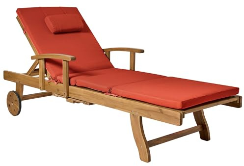 Beliani Garden Sun Lounger Acacia Wood Reclining with Castors Red Cushion Java Premium