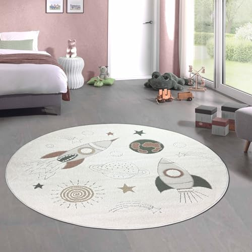 CARPETIA Teppich Spielzimmer Kinderzimmer Babyzimmer Großer Runder Raketen-Teppich pflegeleicht weich schadstofffrei langlebig angenehm gemütlich gestaltet Creme Grau Beige 200 cm-Rund