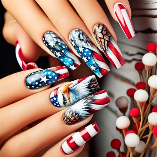 24 Pieces Press On Nails Set Unique Patriotic Designs Full Covers False Nails Acrylic Stick On For Fashion Women Flag Nail