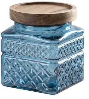 Punorric Candy Jar, 600ml Glass Sweet Jar with Wooden Lid, Airtight Sweet Jars for Candy Buffet, Round Biscuit Tin, Food Storage Container for Ground Coffee, Tea, Sugar, Nuts, BPA-Free(Blue)