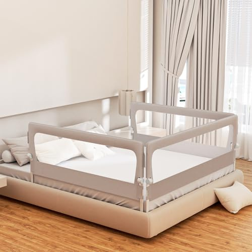 Peviasot Bettgitter Set 2x200 cm + 1x150 cm, Faltbarer Rausfallschutz, 72-86 cm höhenverstellbar, Bettschutzgitter und Seitenschutz für Kinderbett, Familienbett und Kleinkinder, mit Gurt, Grau